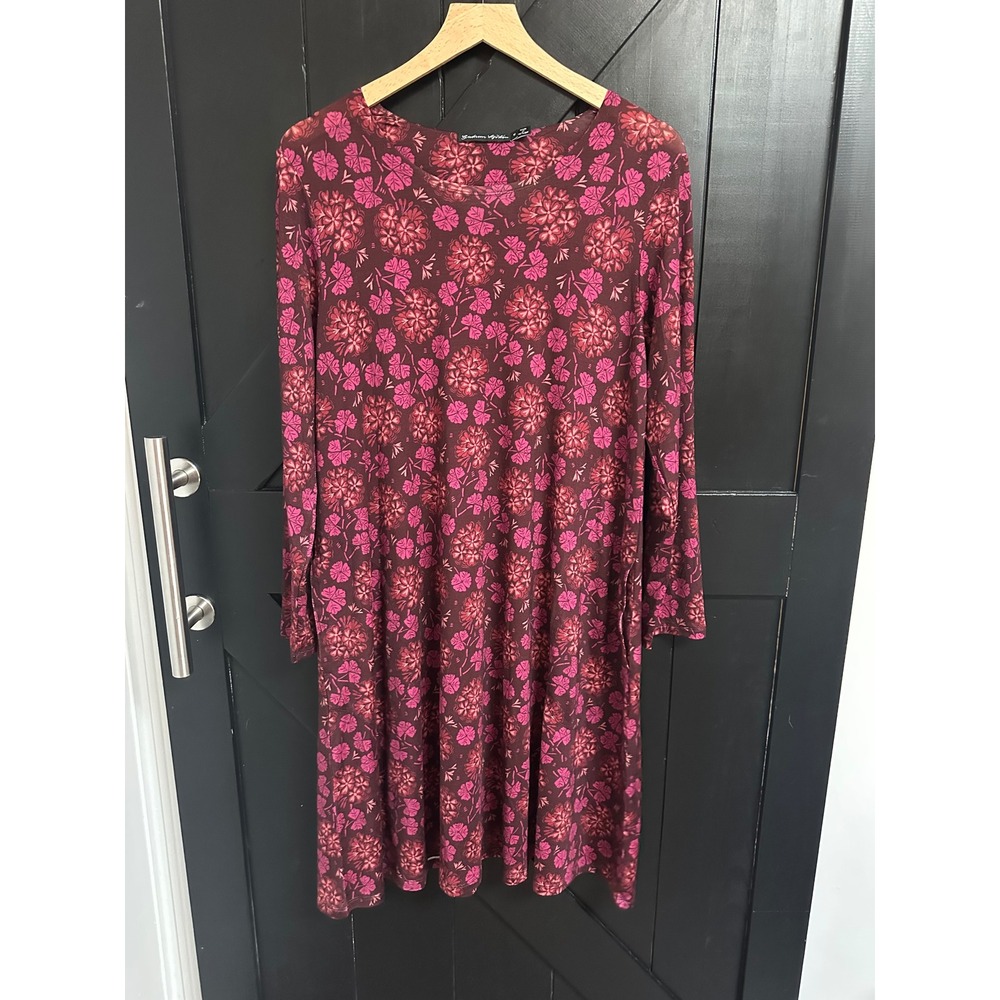 Gudrun Sjoden Floral Lyocell A-Line Dress Burgundy Pink Pockets Size M Scandi